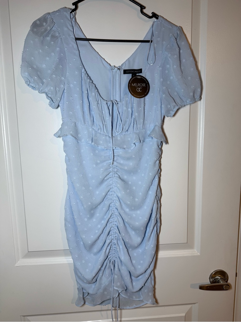 Light Blue Dot Ruched Midi Dress